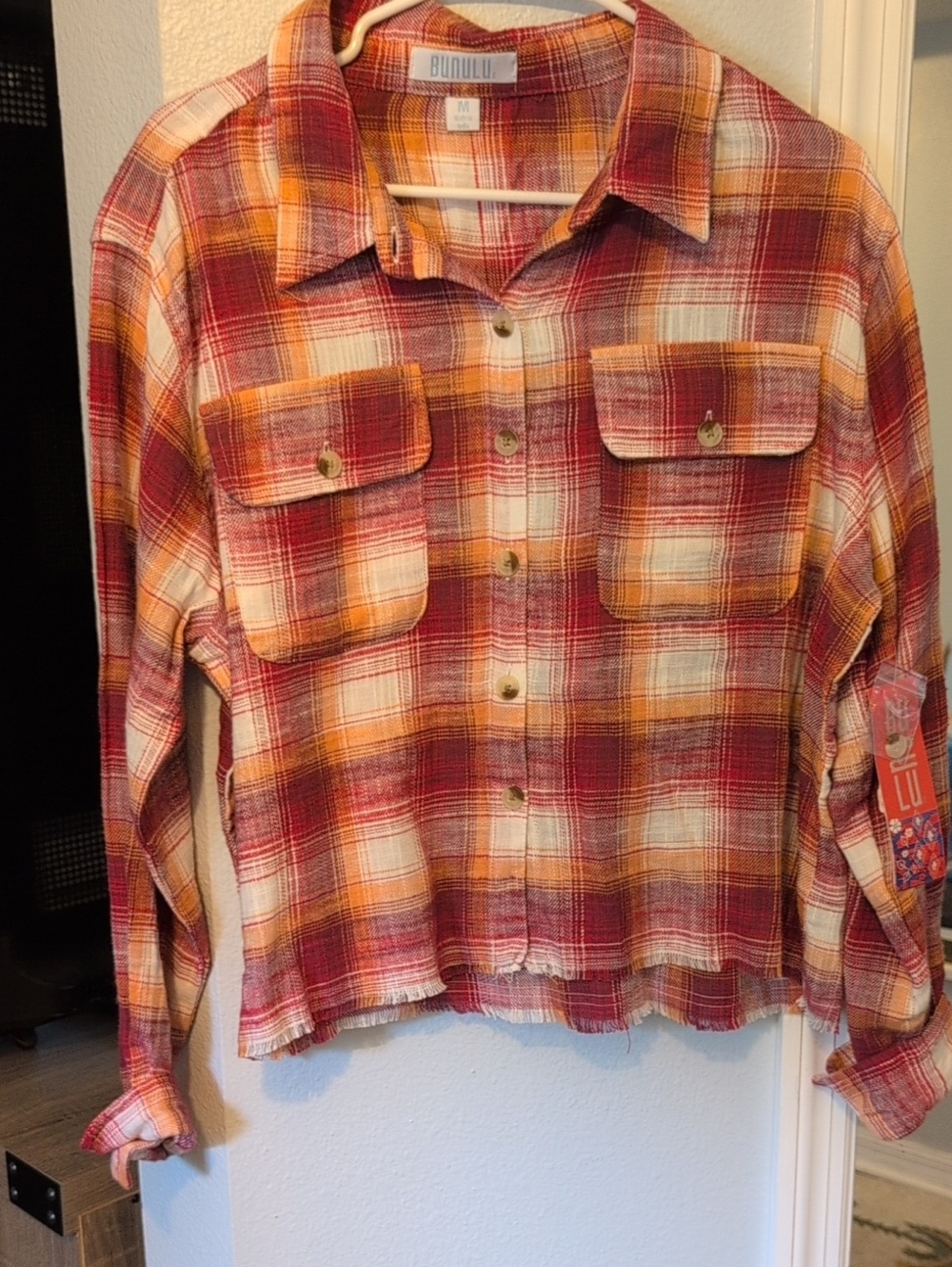 Bunlulu Red & Orange Plaid Button-Down Shirt Brand New